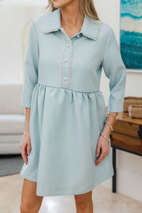 NURSING COLLECTION: The Kindness Light Blue Pearl Embellished Button Down Dress