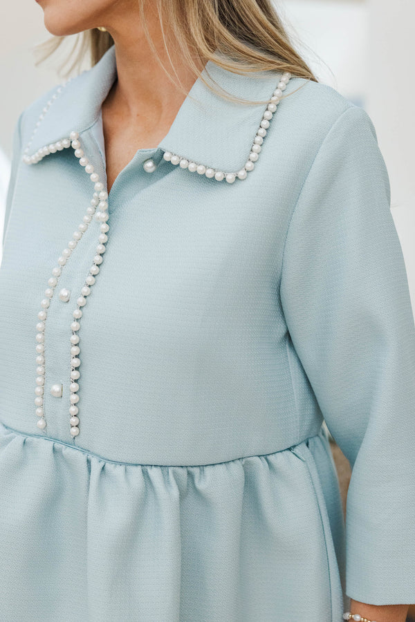 NURSING COLLECTION: The Kindness Light Blue Pearl Embellished Button Down Dress