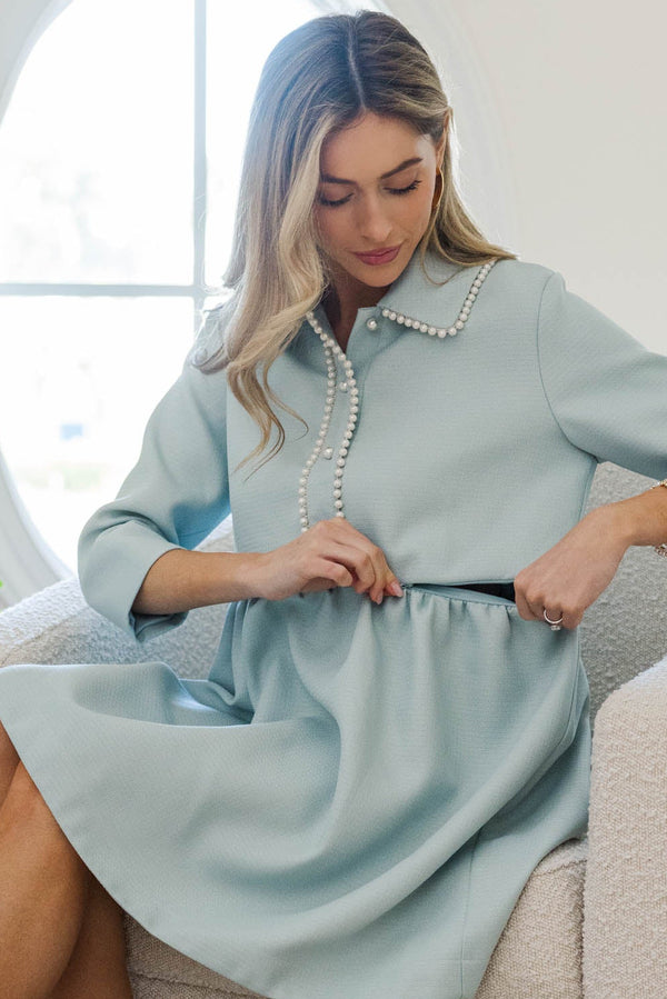 NURSING COLLECTION: The Kindness Light Blue Pearl Embellished Button Down Dress