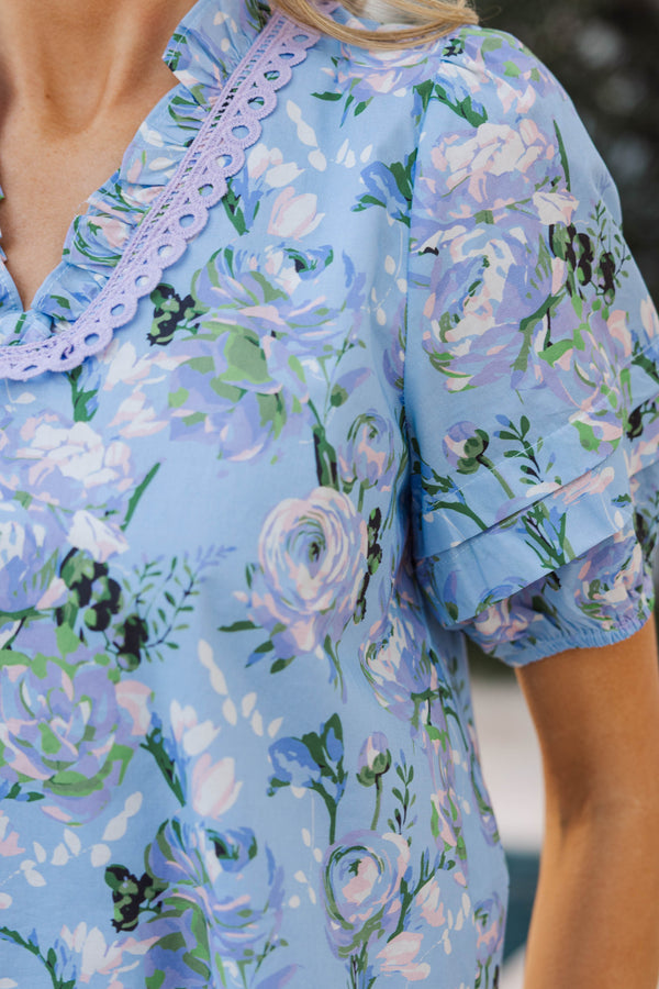 Time Stands Still Light Blue Floral Blouse