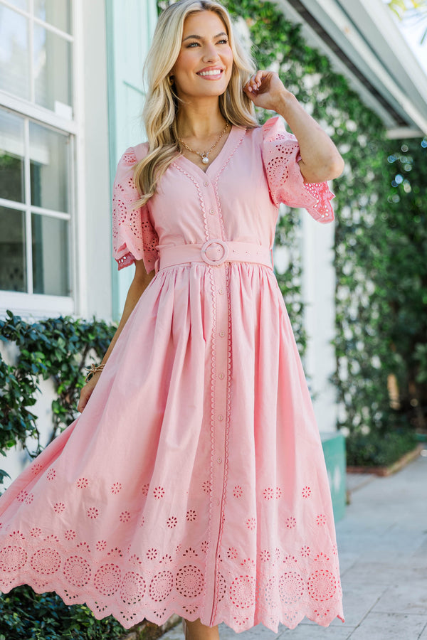 Just Around The Corner Pink Eyelet Belted Midi Dress Shop the Mint Just Around The Corner Pink Eyelet Belted Midi Dress Shop the Mint