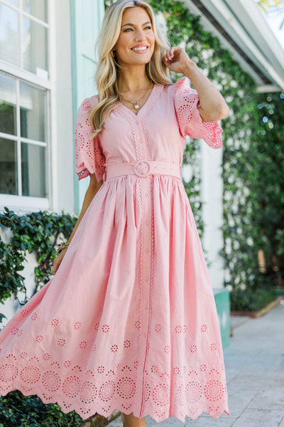 Just Around The Corner Pink Eyelet Belted Midi Dress, Large - The Mint Julep Boutique | Women's Boutique Clothing Just Around The Corner Pink Eyelet Belted Midi Dress, Large - The Mint Julep Boutique | Women's Boutique Clothing