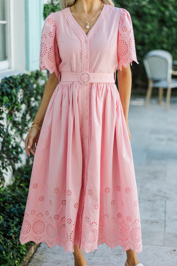 Just Around The Corner Pink Eyelet Belted Midi Dress – Shop the Mint