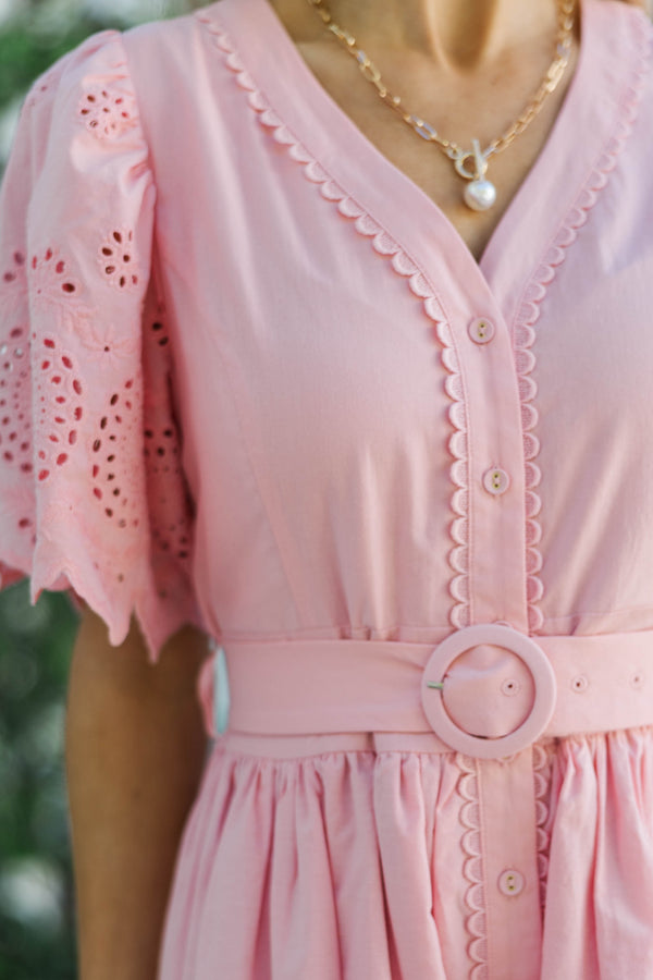 Just Around The Corner Pink Eyelet Belted Midi Dress