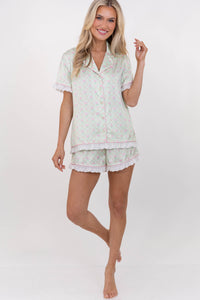 Hello Happy Mint Disty Floral Scalloped Pajama Set