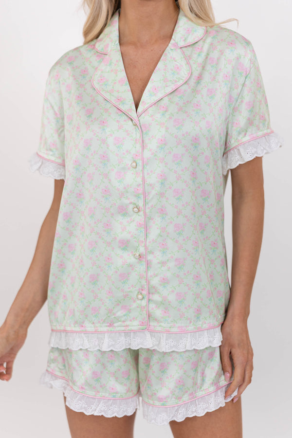 Hello Happy Mint Disty Floral Scalloped Pajama Set