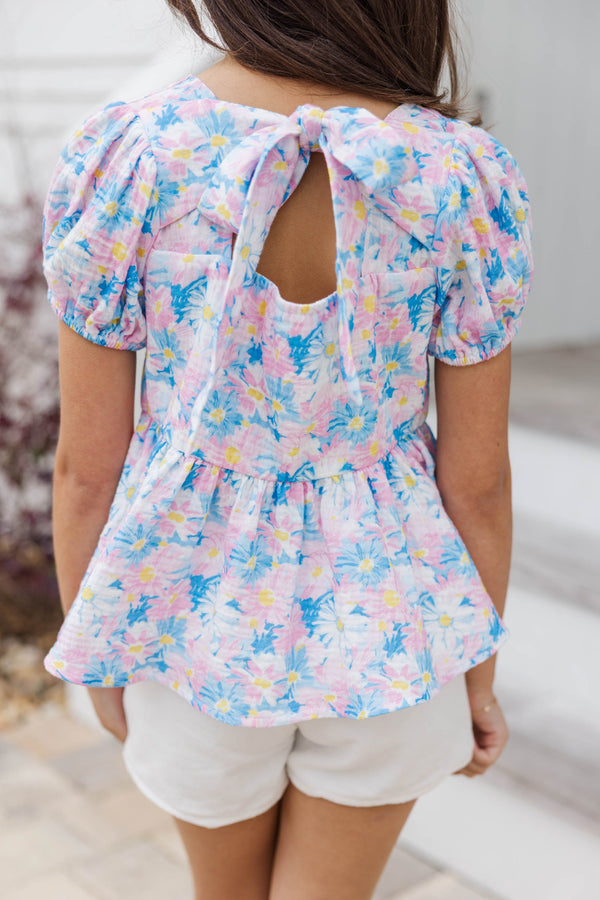 Girls: Lovely In Every Way Blue Floral Tie Back Babydoll Top