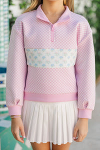 Girls: All Star Pink Gingham Quarter Zip Sweatshirt