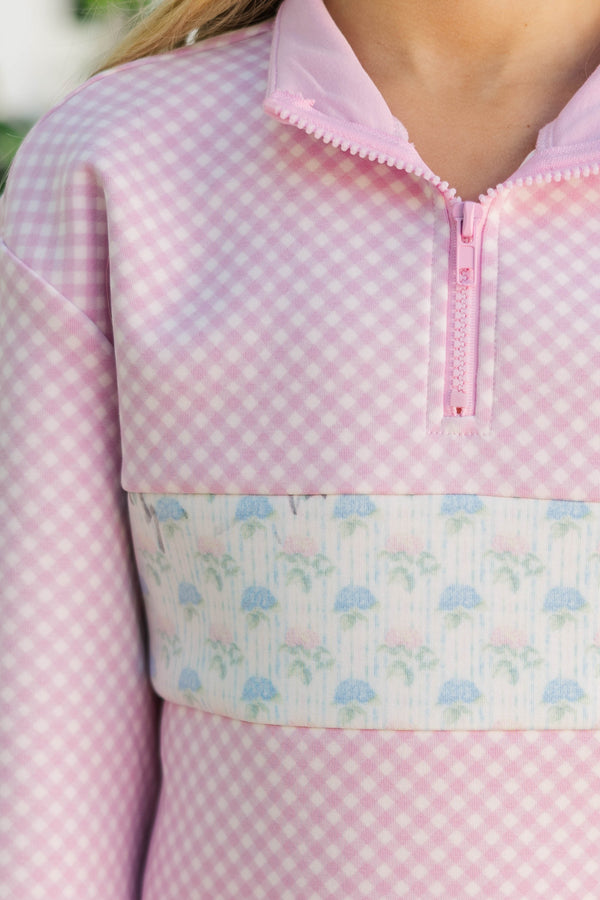 Girls: All Star Pink Gingham Quarter Zip Sweatshirt