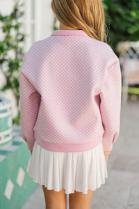 Girls: All Star Pink Gingham Quarter Zip Sweatshirt