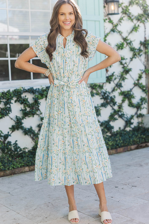 Always Flattering Light Blue Floral Midi Dress, Medium - The Mint Julep Boutique