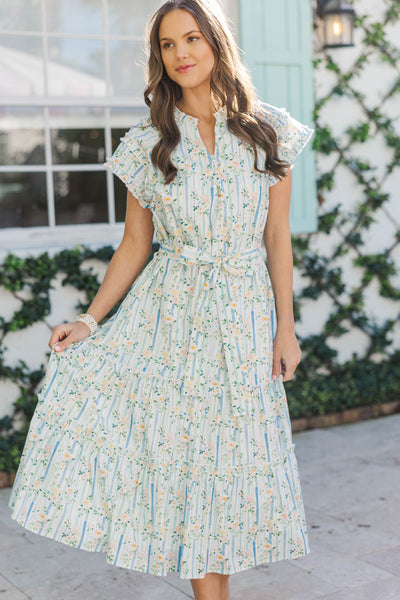 light blue tea length dress Always Flattering Light Blue Floral Midi Dress, Small - The Mint Julep Boutique