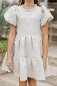 Girls: Cherished Moments Cream Tweed Babydoll Dress