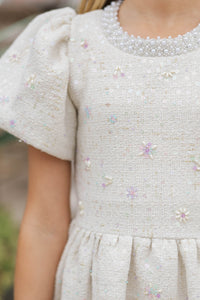 Girls: Cherished Moments Cream Tweed Babydoll Dress