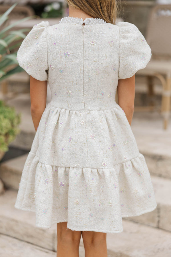 Girls: Cherished Moments Cream Tweed Babydoll Dress