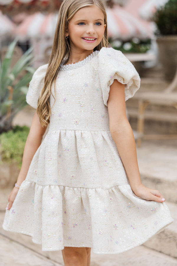 Girls: Cherished Moments Cream Tweed Babydoll Dress