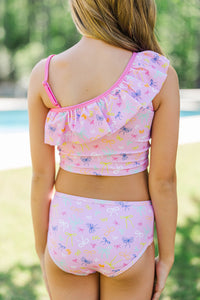 Girls: The Bethany Pink Multi Bow Print One Shoulder Two Piece Swimsuit