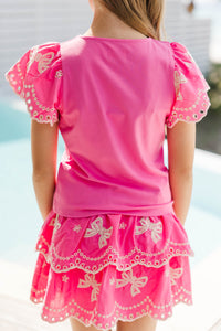 Girls: Sweet Storytelling Fuchsia Bow Eyelet Sleeve Top