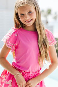 Girls: Sweet Storytelling Fuchsia Bow Eyelet Sleeve Top