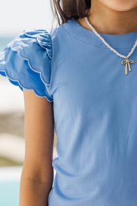 Girls: Feels Like A Favorite Teal Scalloped Sleeve Top