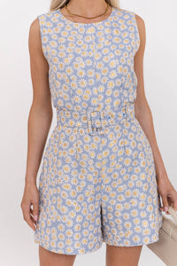 Where We Drift To Light Blue Brocade Romper