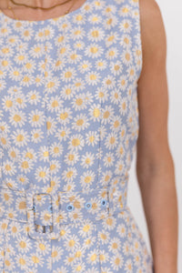 Where We Drift To Light Blue Brocade Romper