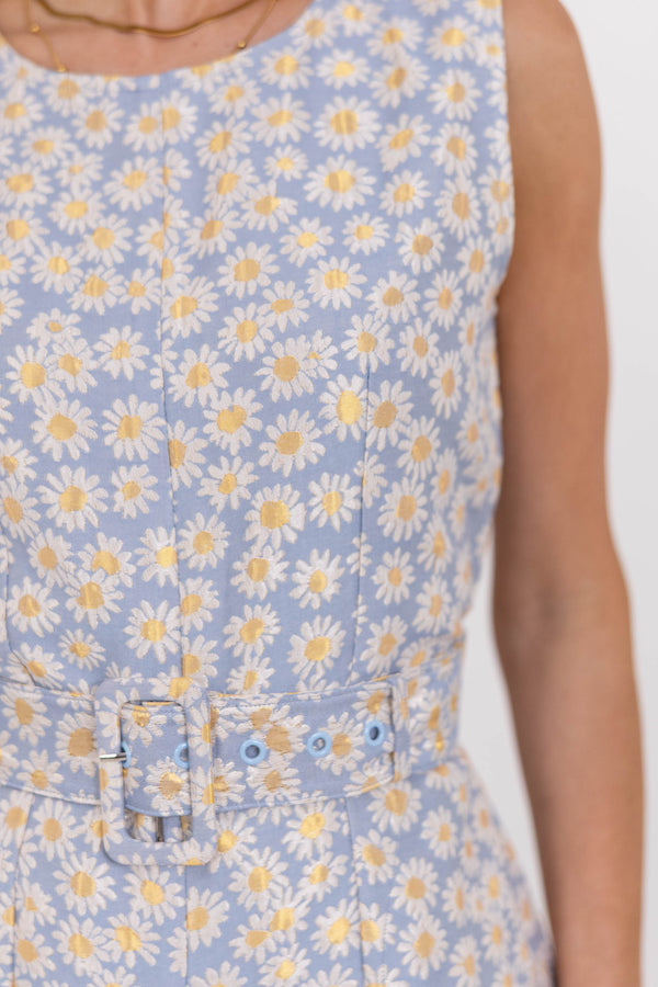 Where We Drift To Light Blue Brocade Romper