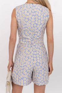 Where We Drift To Light Blue Brocade Romper