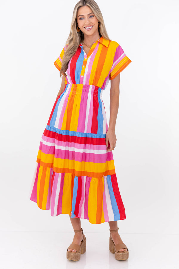 THML: Perfectly Balanced Pink Striped Midi Dress