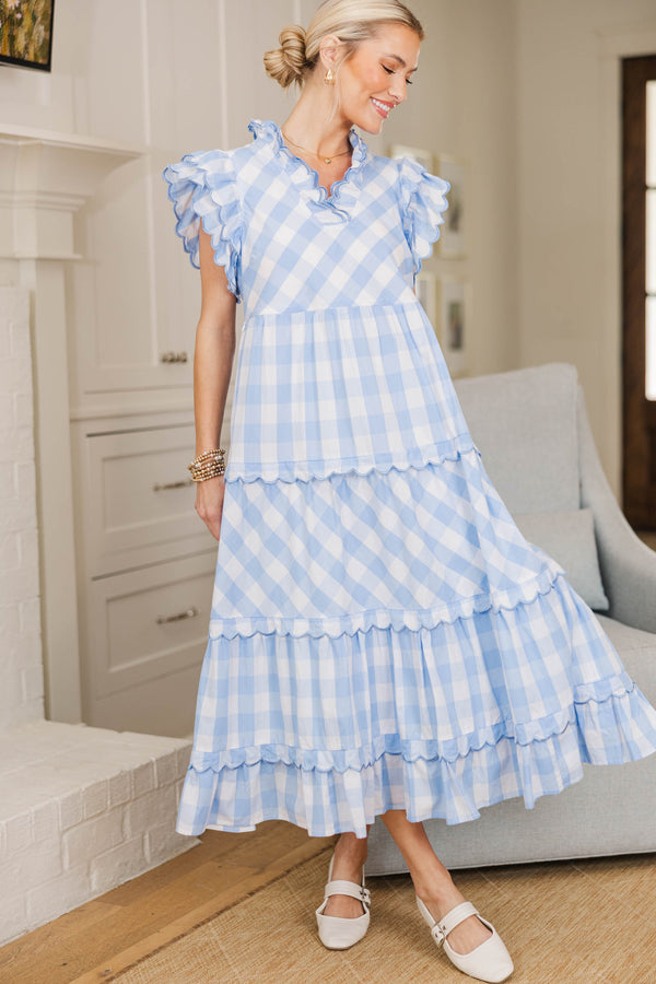 NURSING COLLECION: Worth Repeating Light Blue Gingham Midi Dress