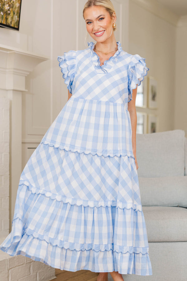 NURSING COLLECION: Worth Repeating Light Blue Gingham Midi Dress