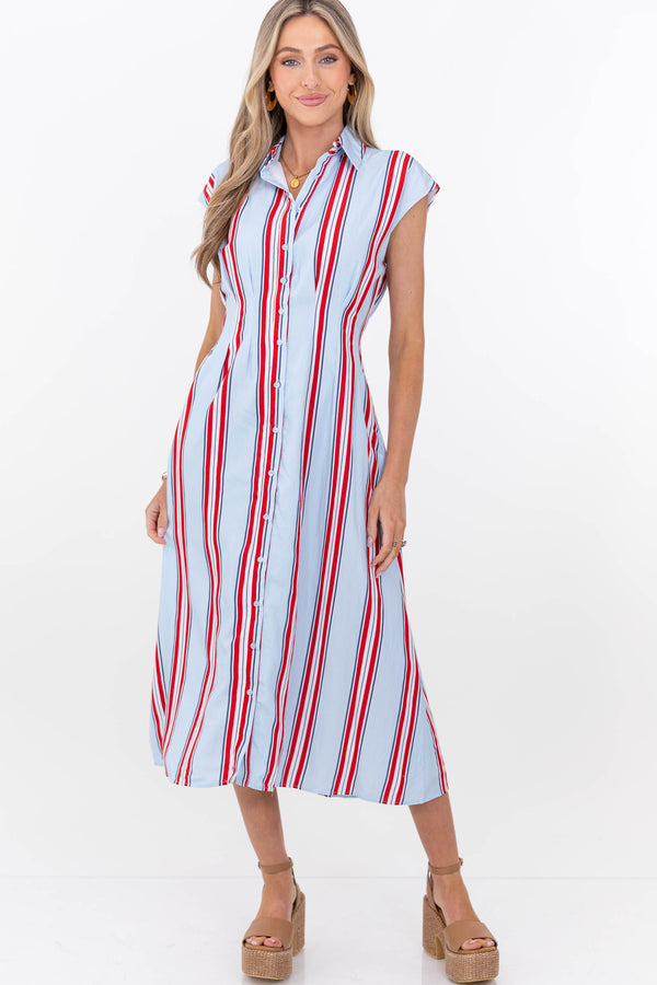 Feels Feminine Blue Striped Midi Dress