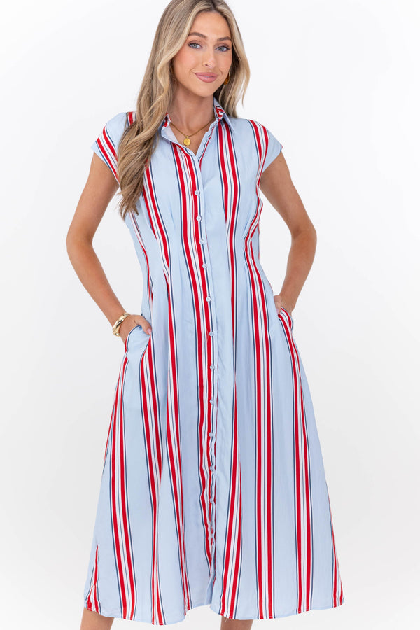Feels Feminine Blue Striped Midi Dress