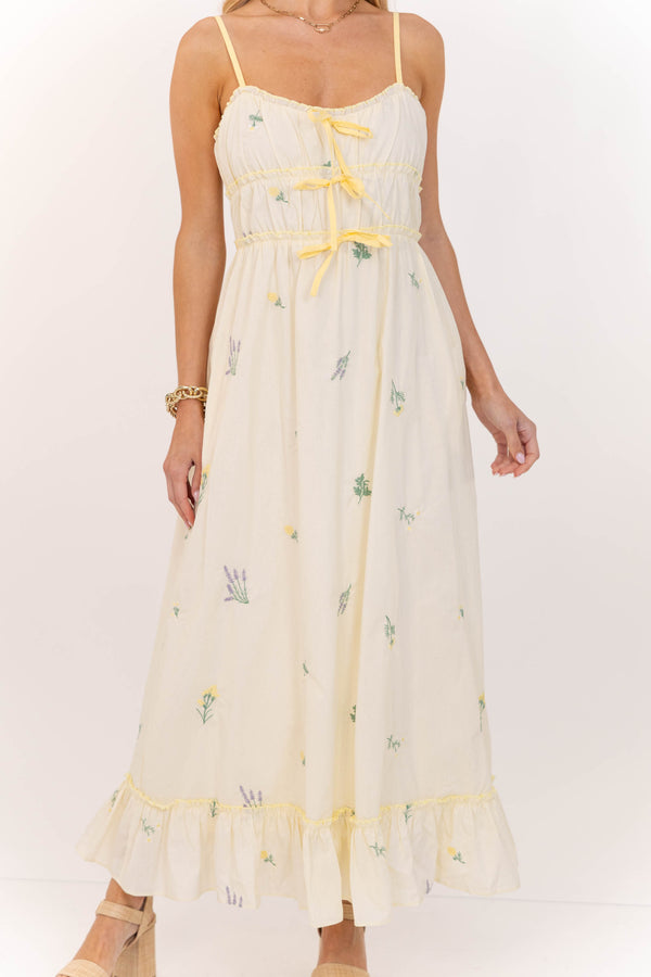 Sweetest Devotion Yellow Embroidered Midi Dress