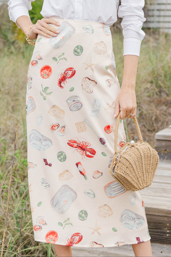 Always Feels Just Right Taupe Seafood Icon Midi Skirt