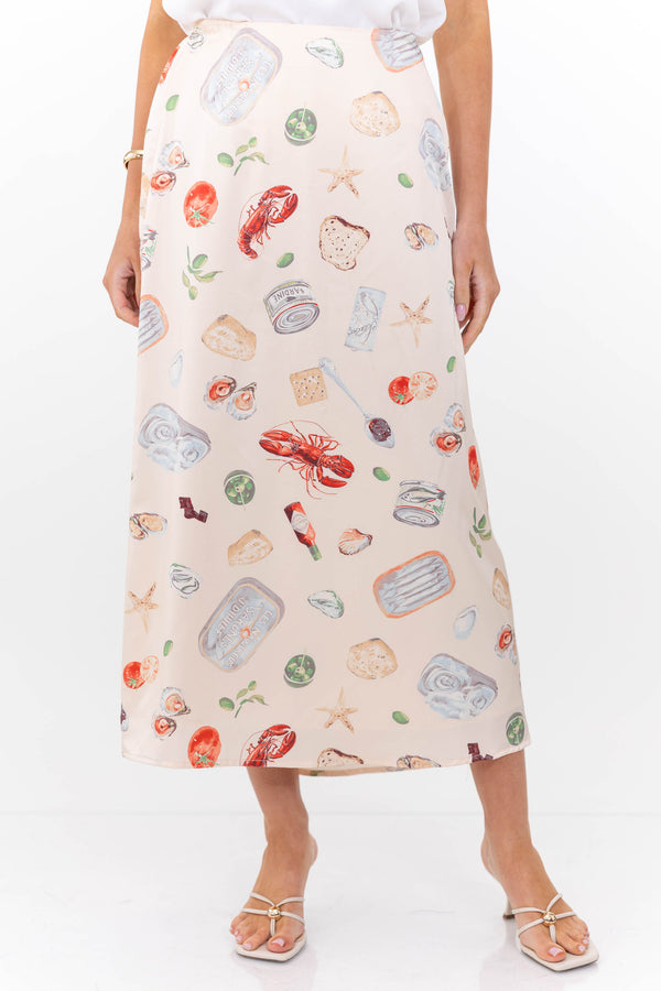 Always Feels Just Right Taupe Seafood Icon Midi Skirt