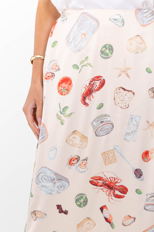 Always Feels Just Right Taupe Seafood Icon Midi Skirt