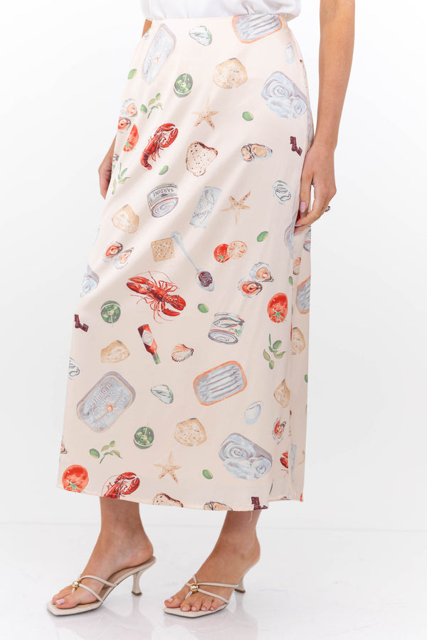 Always Feels Just Right Taupe Seafood Icon Midi Skirt
