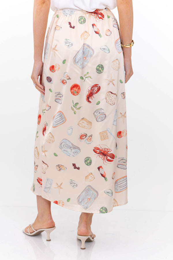 Always Feels Just Right Taupe Seafood Icon Midi Skirt