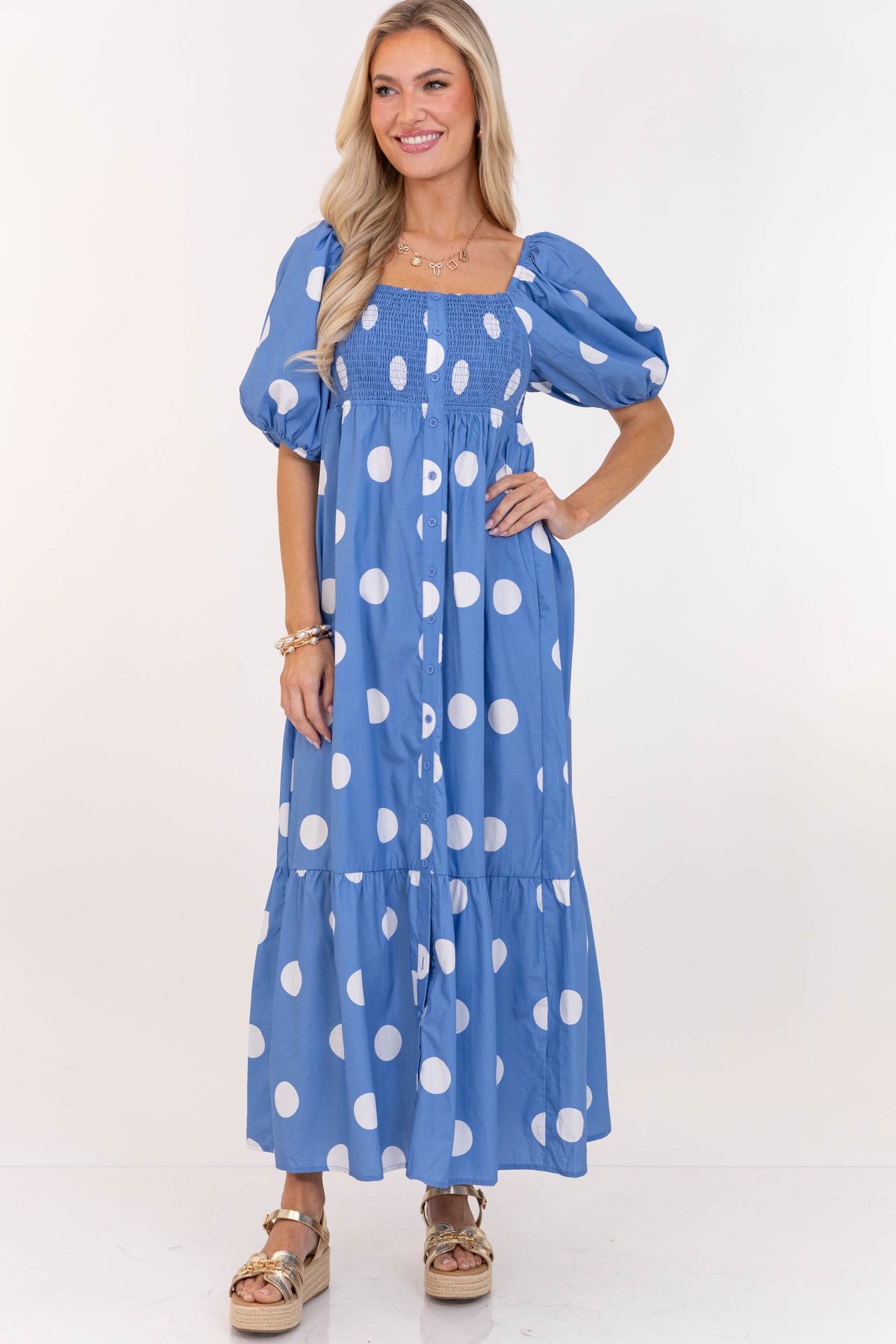 polka dot maxi dress Looks Good Effortlessly Blue Polka Dot Maxi Dress, Large - The Mint Julep Boutique