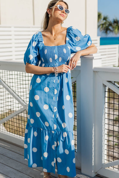 polka dot blue dress Looks Good Effortlessly Blue Polka Dot Maxi Dress, Large - The Mint Julep Boutique