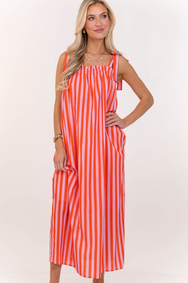 Made To Feel Good Red Striped Midi Dress