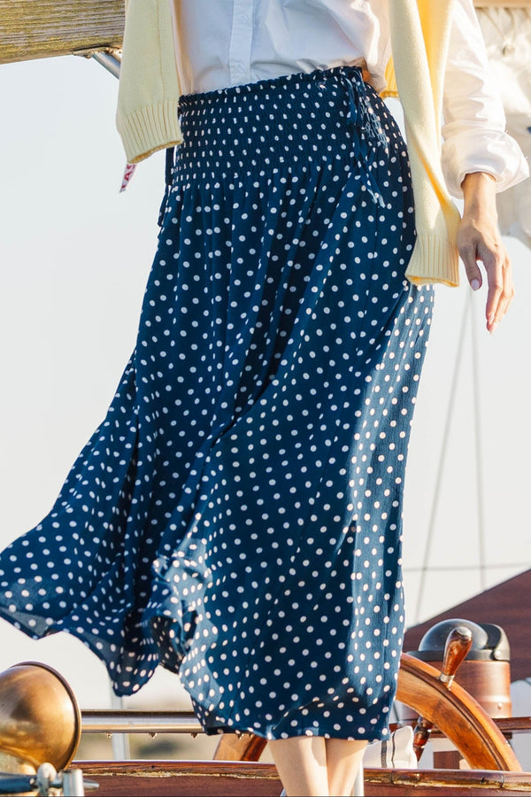 Picnic Perfect Navy Polka Dot Midi Skirt