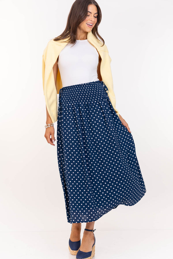 Picnic Perfect Navy Polka Dot Midi Skirt