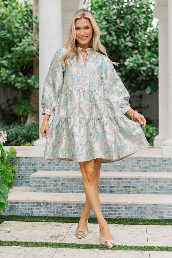 Playful Fun Light Blue Brocade Dress