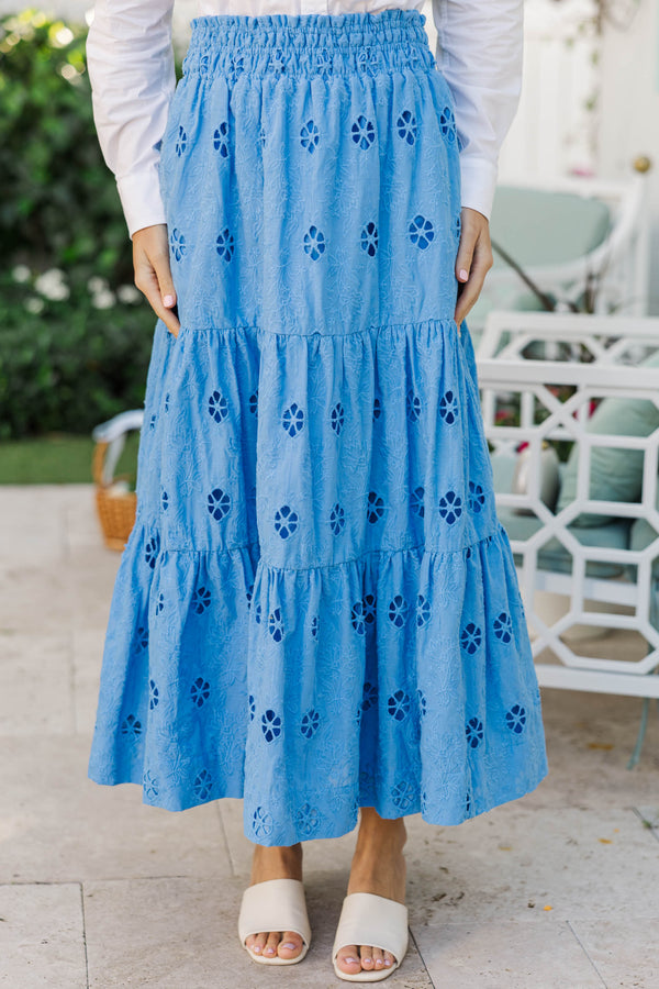 Soft Steps Blue Eyelet Midi Skirt