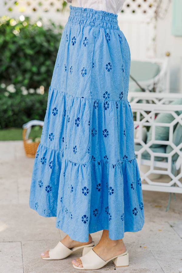Soft Steps Blue Eyelet Midi Skirt