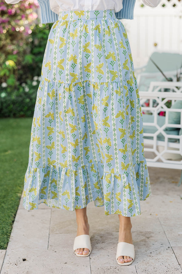 Start The Day Blue Butterfly Floral Maxi Skirt
