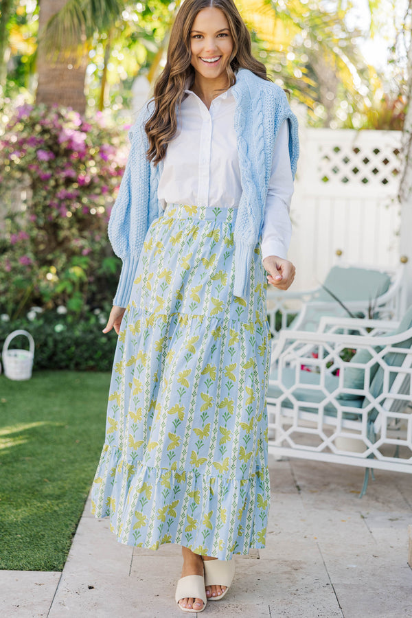 Start The Day Blue Butterfly Floral Maxi Skirt