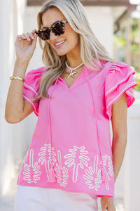 Palm Paradise Pink Embroidered Flutter Sleeve Top